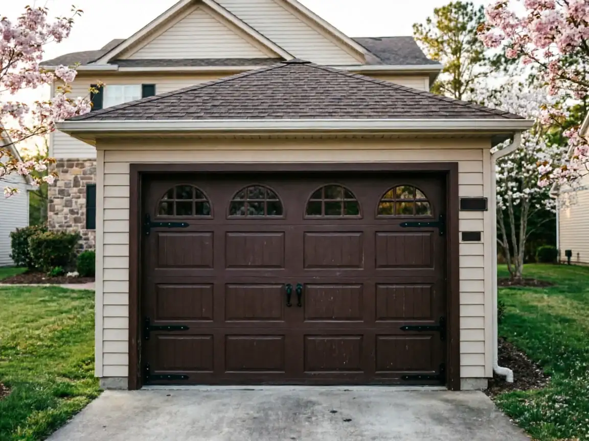 A brown garage door with decorative windows and hardware on a beige garage.