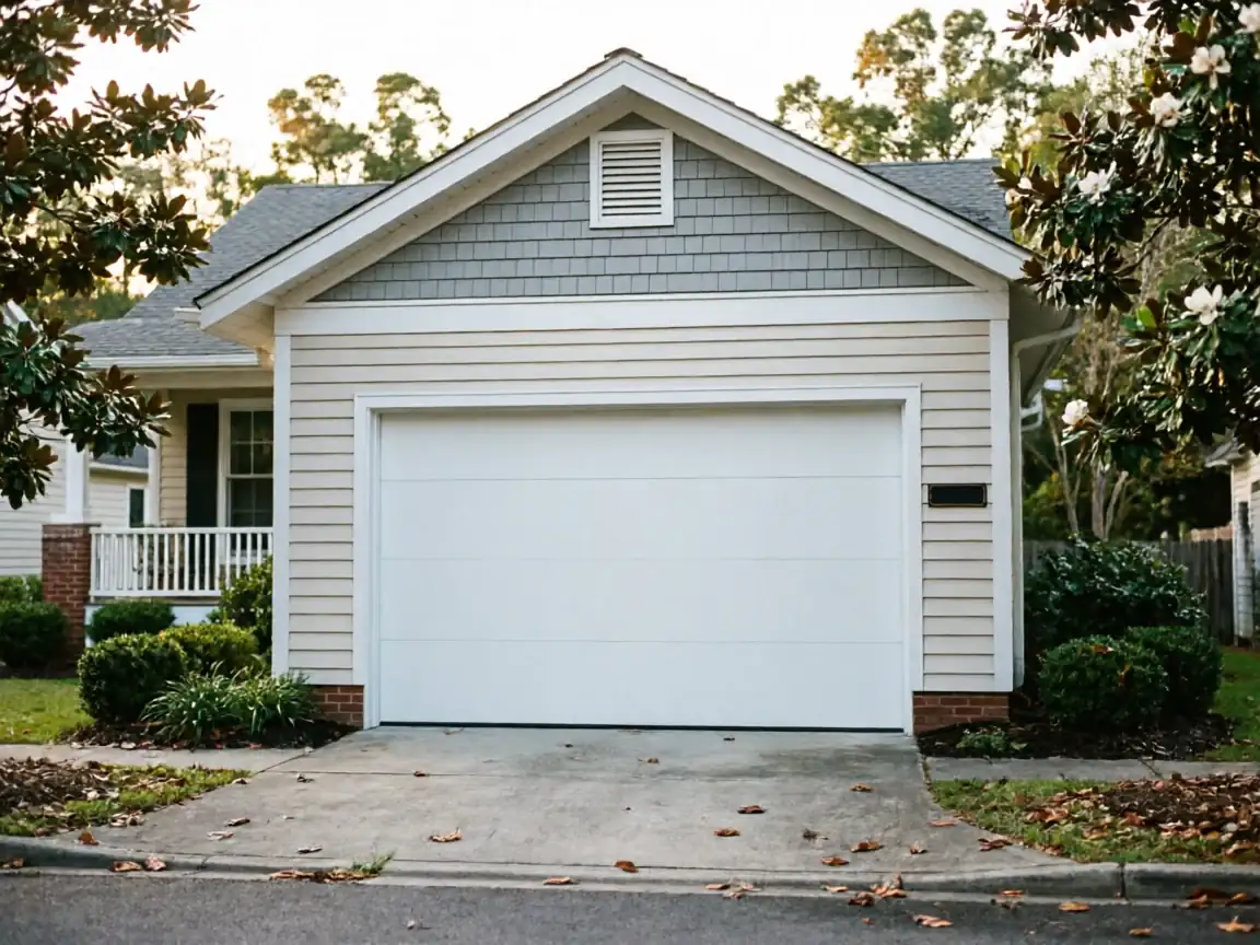 A white garage door is on a house with light siding and gray shingles.
